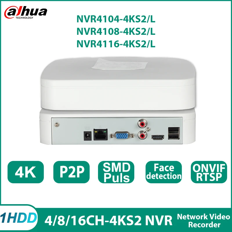 Dahua NVR4104-4KS2/L NVR4108-4KS2/L NVR4116-4KS2/L 4K NVR 4/8/16 channels Smart H.265+ 1HDD Network Video Recorder Onvif CCTV