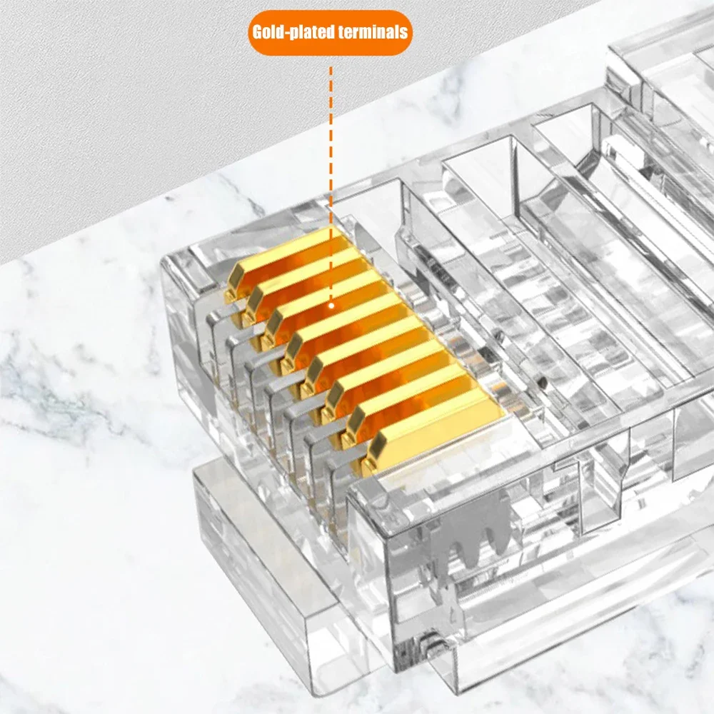 Clear Pass Through RJ45 Cat6/Cat5e Connectors DIY Crystal End Gold-Plated 8P8C Crimp UTP Standard Ethernet Network Modular Plug