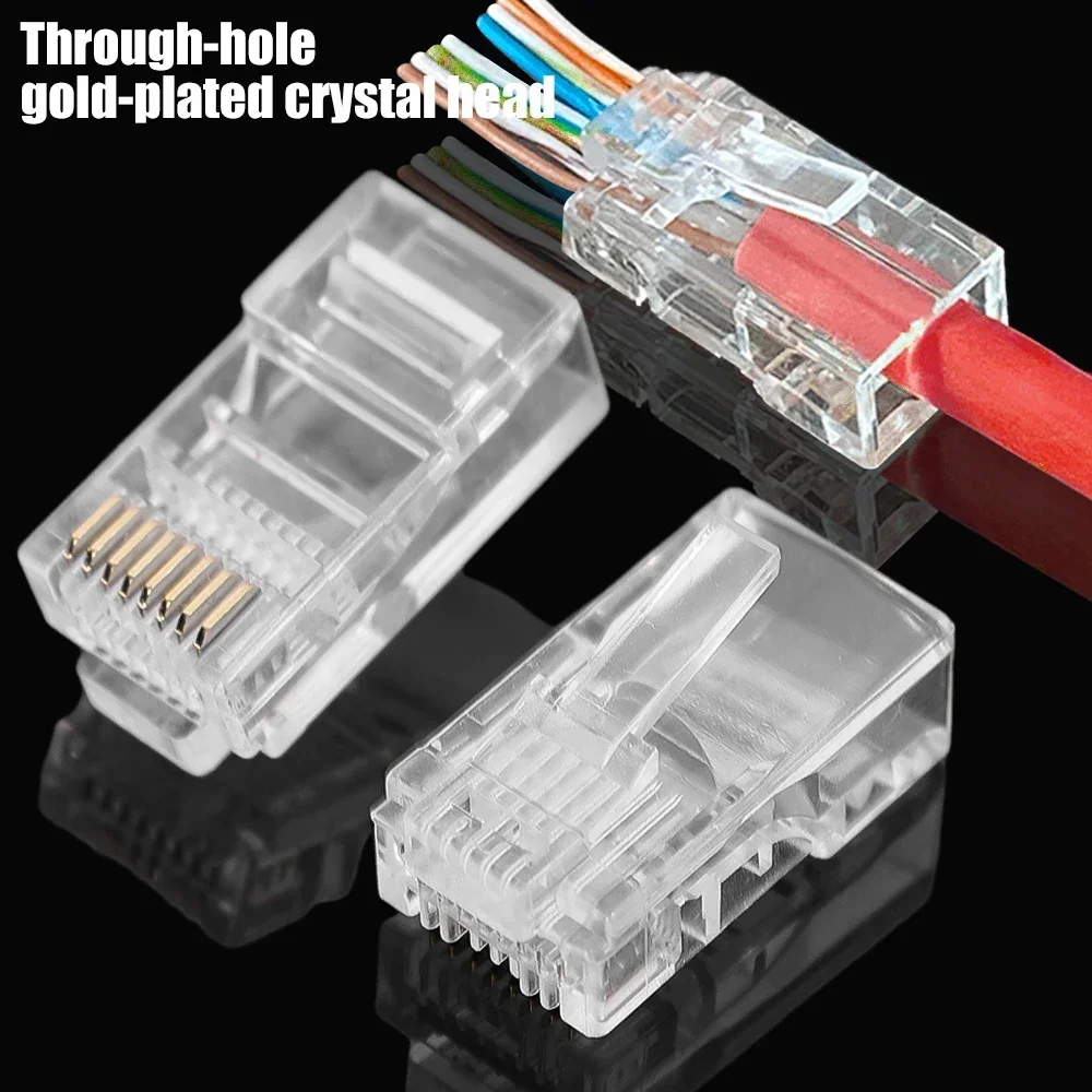 CAT6 Pass Through Connectors Gold Plated 8P8C Pass Through Ends UTP Network Plug 1000Mbps RJ45 Unshielded Modular Plugs Adapter