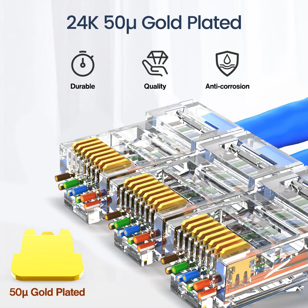 AMPCOM CAT6 CAT5E Pass Through RJ45 Modular Plug Network Connectors UTP 3/50μ Gold-Plated 8P8C Crimp End for Ethernet Cable