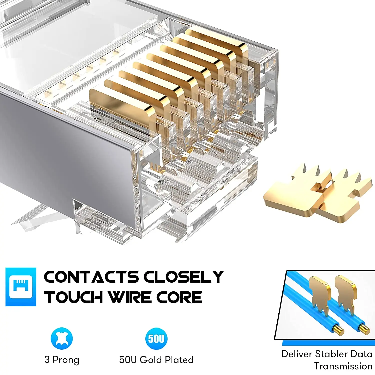 10pcs Shielded RJ45 Cat6A Cat7 Pass Through connectors - 3 Prong 8P8C Gold Plated 2-Piece Pass Through Modular Data Plug