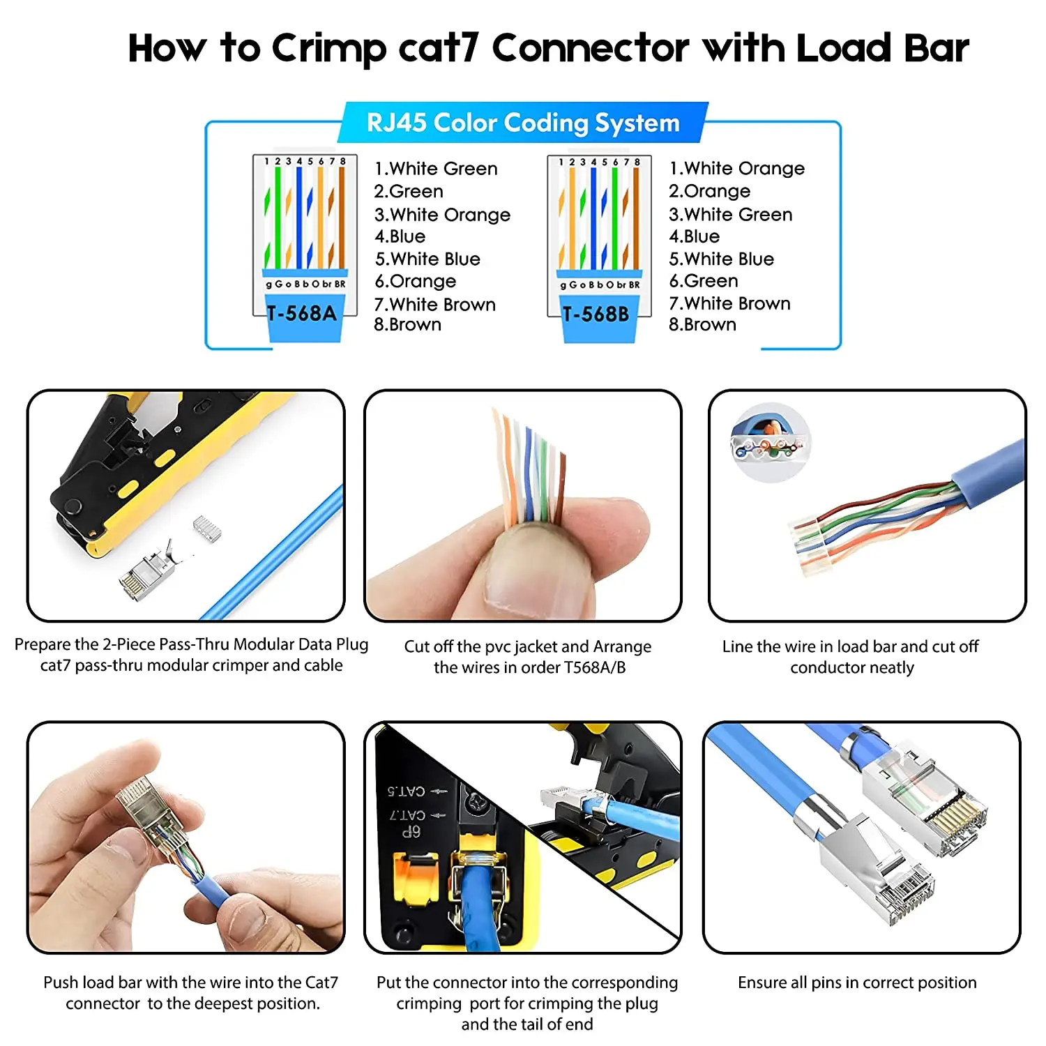 10pcs Shielded RJ45 Cat6A Cat7 Pass Through connectors - 3 Prong 8P8C Gold Plated 2-Piece Pass Through Modular Data Plug