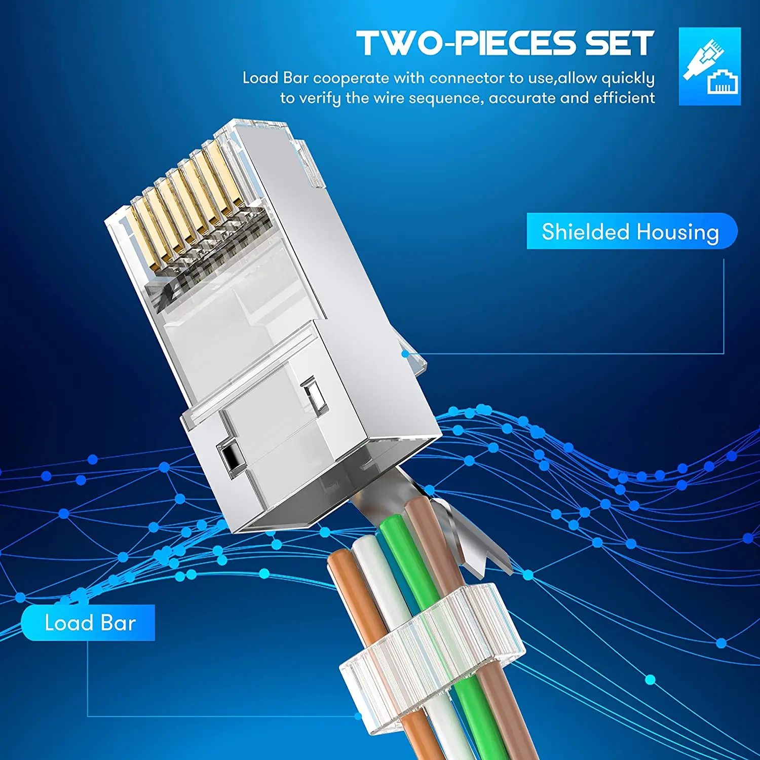 10pcs Shielded RJ45 Cat6A Cat7 Pass Through connectors - 3 Prong 8P8C Gold Plated 2-Piece Pass Through Modular Data Plug