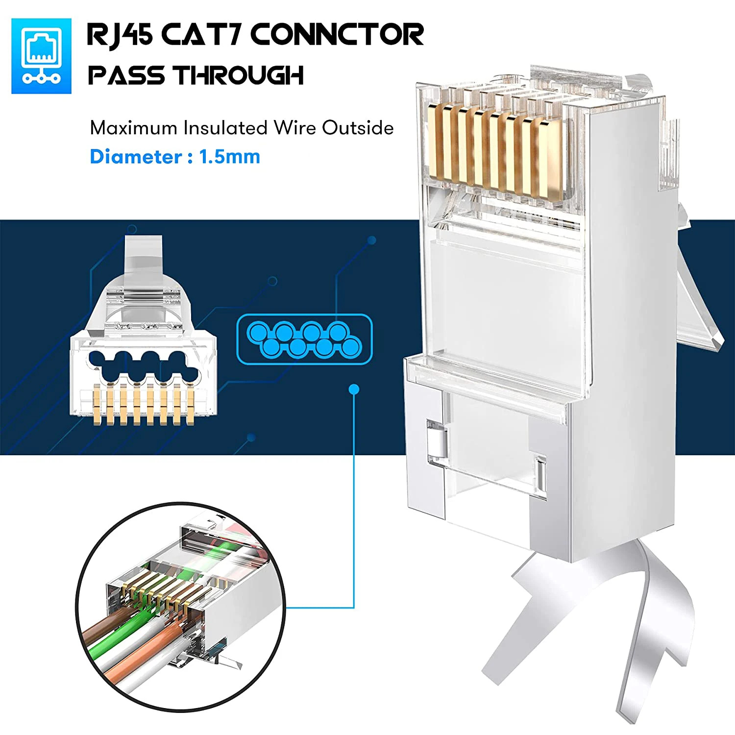 10pcs Shielded RJ45 Cat6A Cat7 Pass Through connectors - 3 Prong 8P8C Gold Plated 2-Piece Pass Through Modular Data Plug