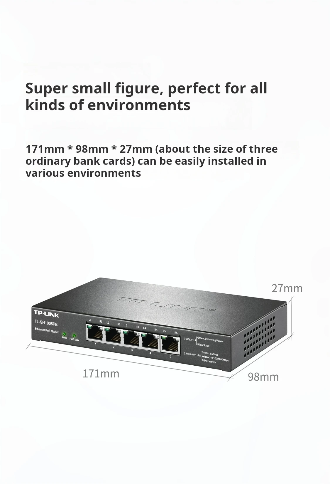 TP-link 2.5Gbps Ethernet PoE Switch, Single Port Power 90W, Overall PoE Power 118W, 4*2.5GE (PoE)+1*2.5GE, TL-SH1005PB