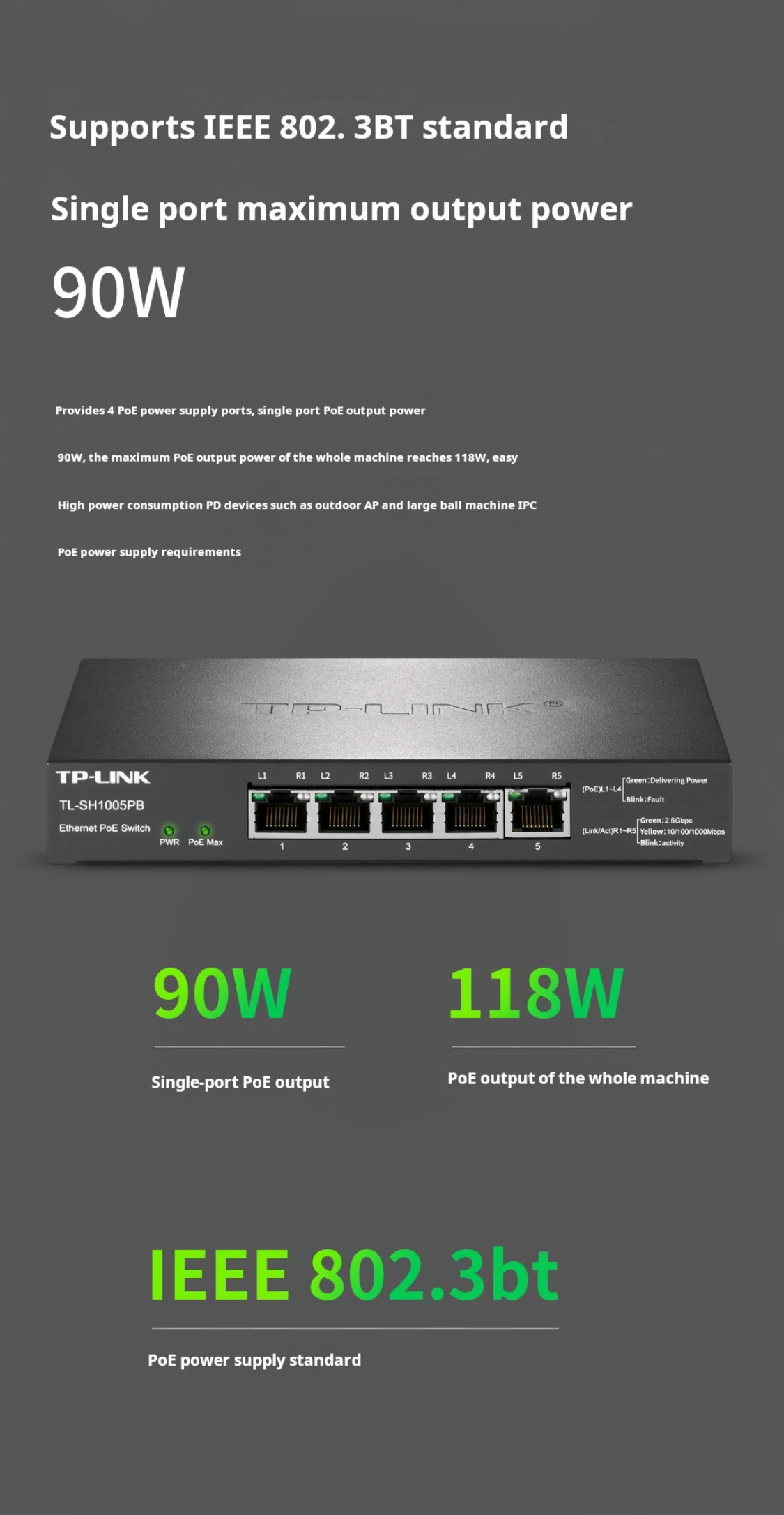 TP-link 2.5Gbps Ethernet PoE Switch, Single Port Power 90W, Overall PoE Power 118W, 4*2.5GE (PoE)+1*2.5GE, TL-SH1005PB