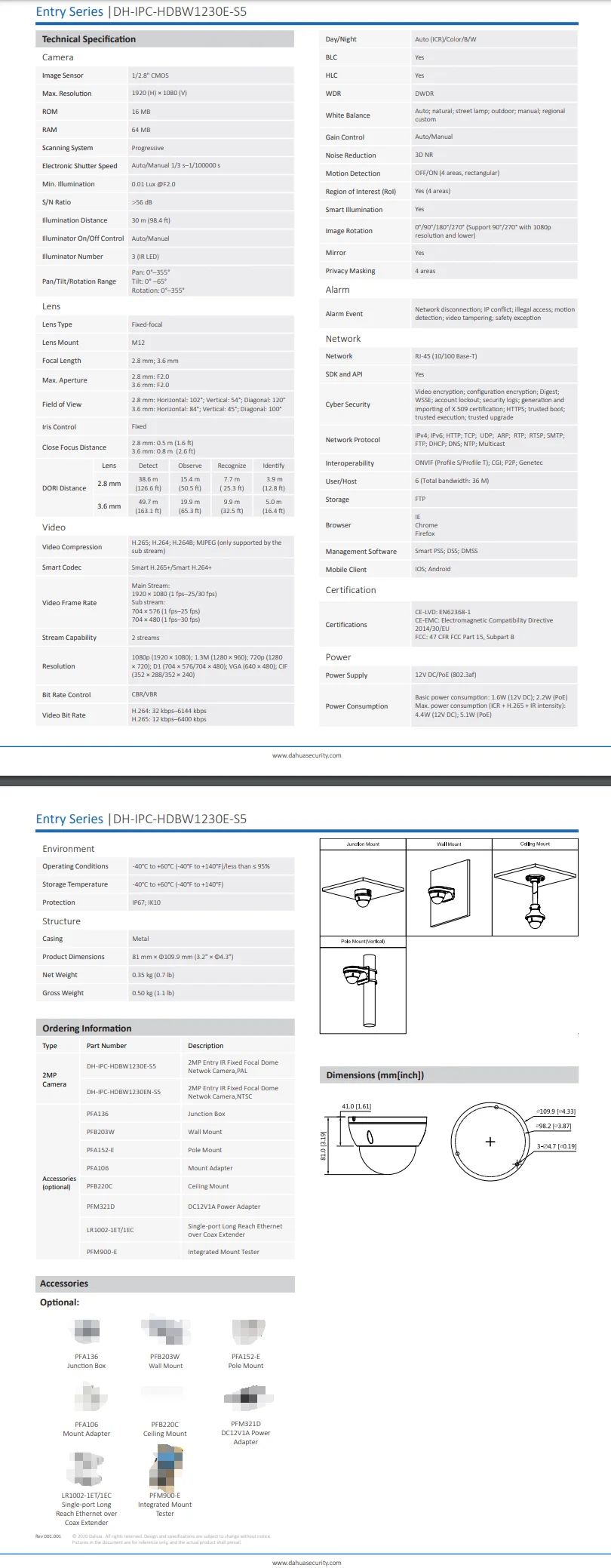 Dahua Camera 2MP IPC-HDBW1230E-S5 Entry IR Fixed-Focal Dome Netwok Camera Vandal-proof Motion Detection PoE Video Surveillance